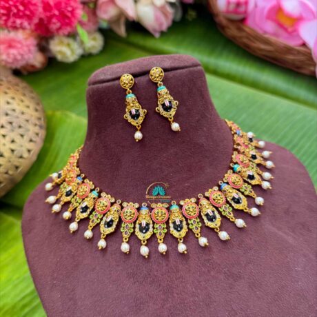 Taruni -Perumal Face Antique Gold Handpainted Necklace - TS10