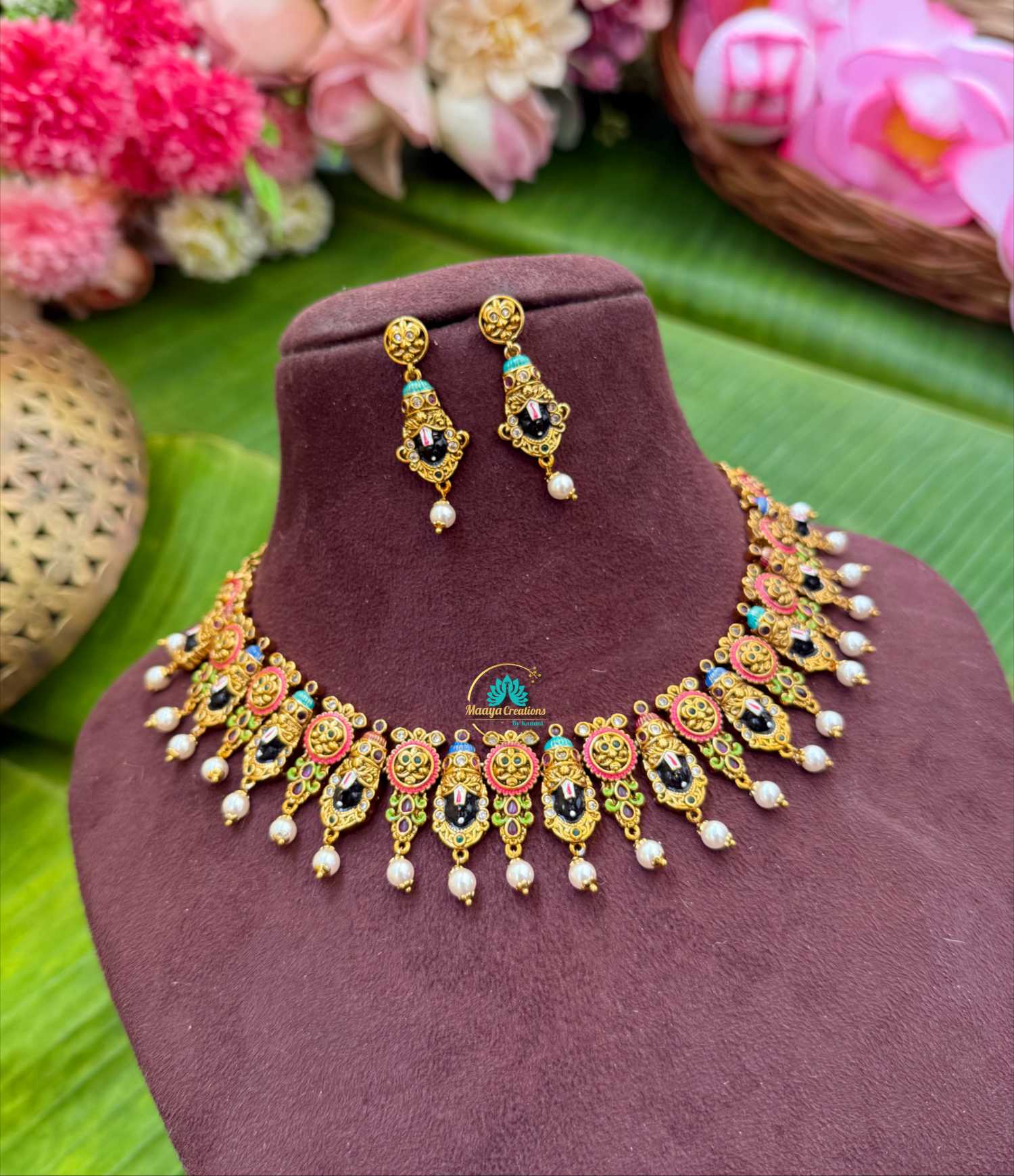 Taruni -Perumal Face Antique Gold Handpainted Necklace - TS10