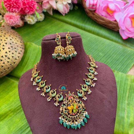 Taruni - RadheKrishna With Peacock Antique Gold Handpainted Necklace With Peacock Jumukha - TS13