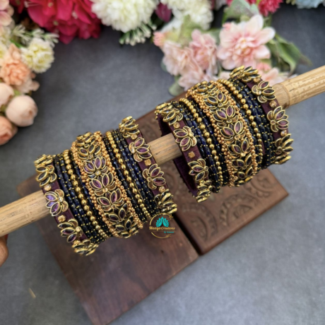 3D lotus Wine Silkthread with Dark blue Glass bangles - BC599