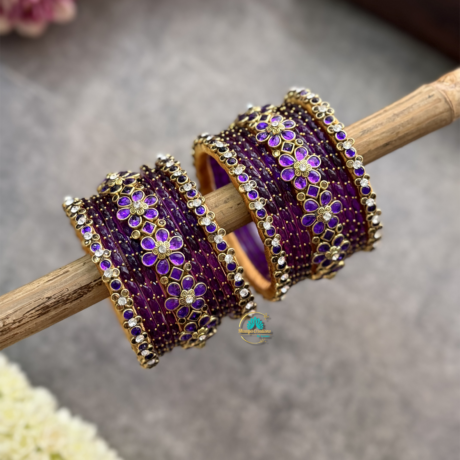 Purple Silkthread bangles with Glass Bangles Combo - BC598