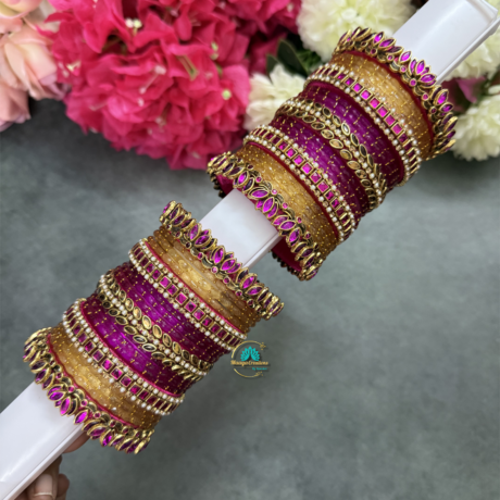 3D Lotus Rani Pink with Gold Silkthread and Glass Bangles Combo - BC600