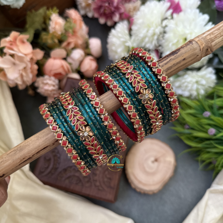 Matte Red Kundan Silkthread with Glass Bangles combo - BC602