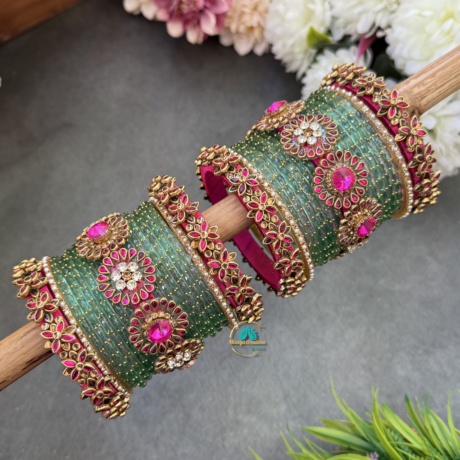 3D - Pink Flower Design Silkthread with Sea Green Glass Bangles combo - BC603