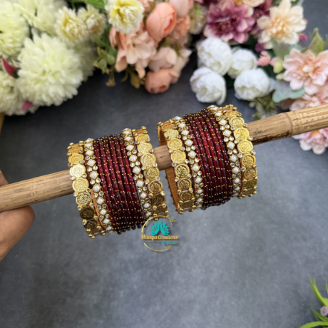 Lakshmi Coin Silk thread bangles with Maroon Glass Bangles Combo - BC587