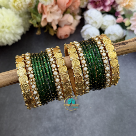 Lakshmi Coin Silk thread bangles with Green Glass Bangles Combo - BC584