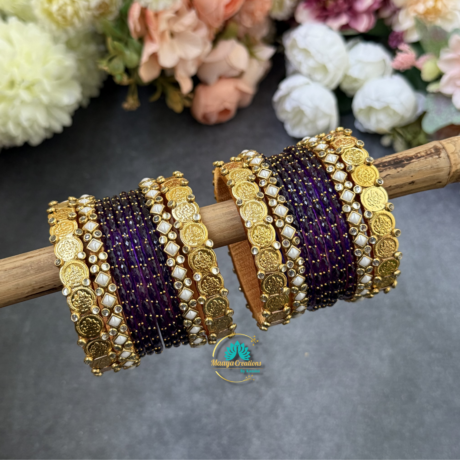 Lakshmi Coin Silk thread bangles with Purple Glass Bangles Combo - BC585