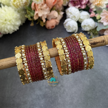 Lakshmi Coin Silk thread bangles with Rani Pink Glass Bangles Combo - BC588