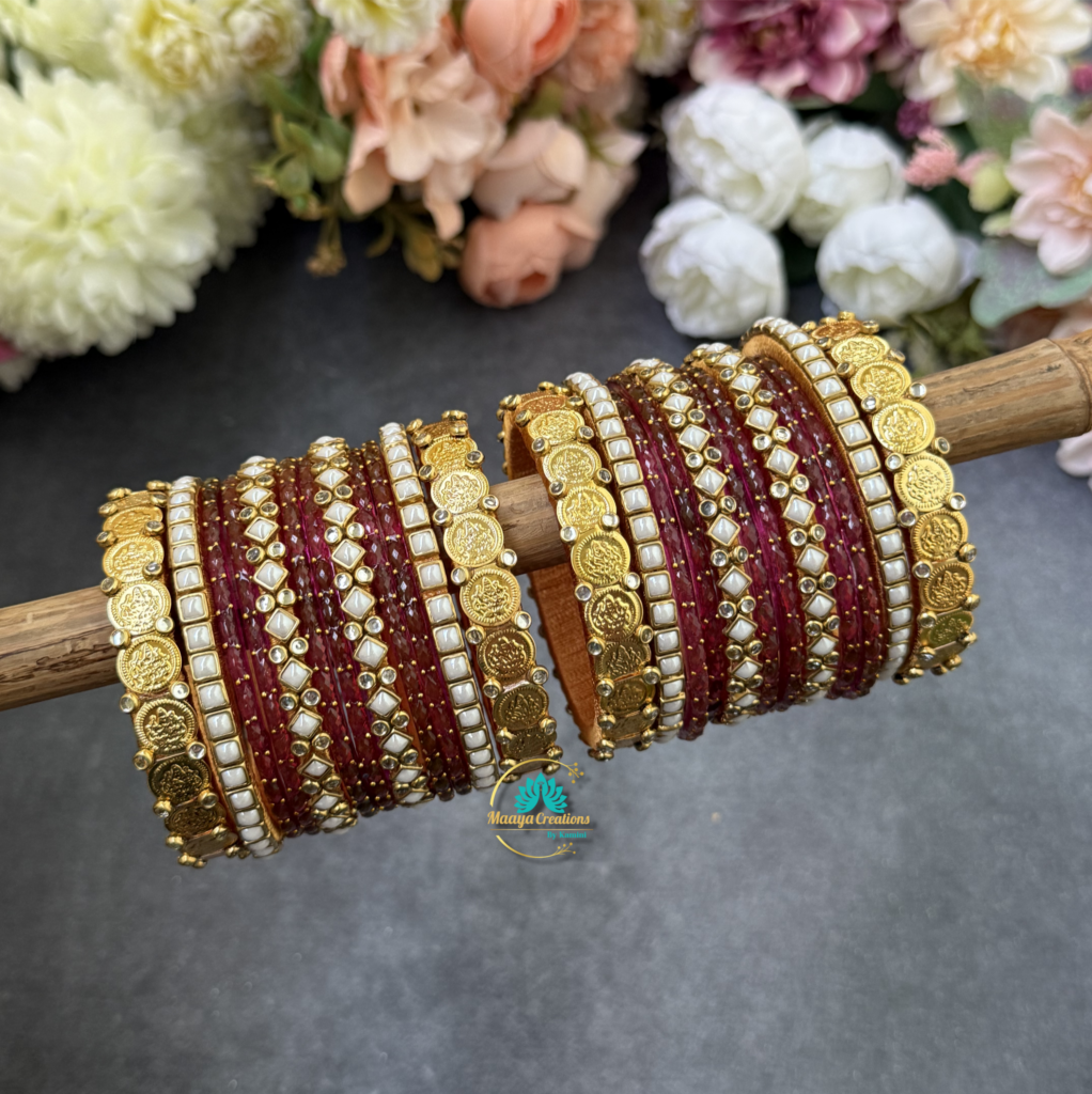 Lakshmi coin and Pearl Silkthread Bangles mix of Rani Pink Glass ...