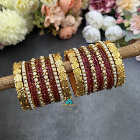 Lakshmi coin and Pearl Silkthread Bangles mix of Rani Pink Glass bangles combo - BC593