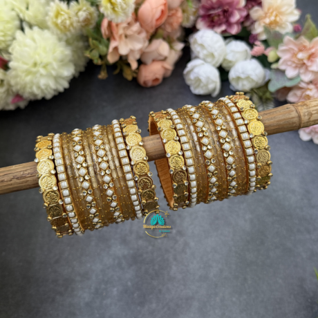 Lakshmi coin and Pearl Silkthread Bangles mix of Gold Glass bangles combo - BC591