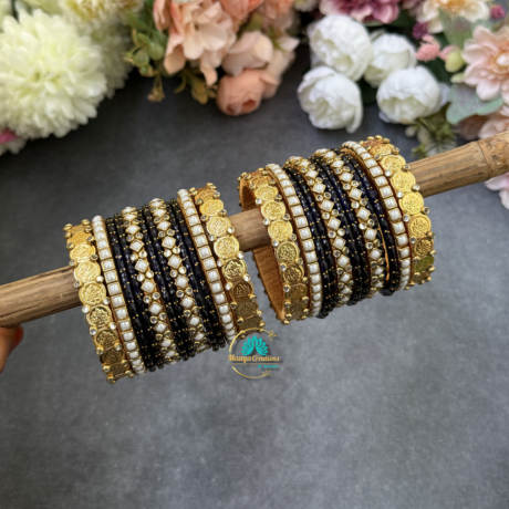 Lakshmi coin and Pearl Silkthread Bangles mix of Dark Blue Glass bangles combo - BC592
