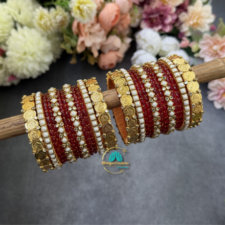 Lakshmi coin and Pearl Silkthread Bangles mix of Red Glass bangles combo - BC590