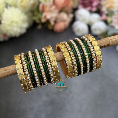 Lakshmi coin and pearl silkthread bangles mix of Green glass bangles combo - BC589