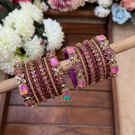 Double Shade Purple with Baby Pink Silkthread with Glass Bangles - BC594