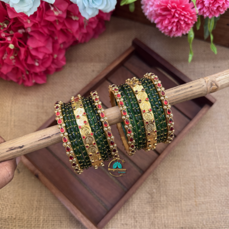 Lakshmi coin Silkthread with Green Glass Bangles Combo - BC597