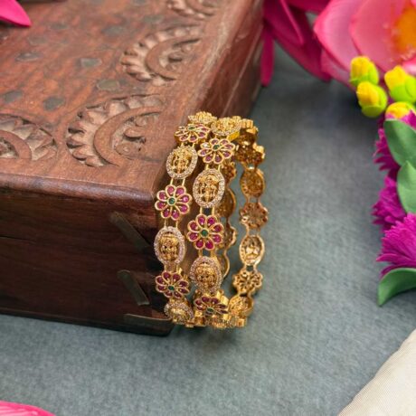 Premium AD Rose Flower design with White Stone Bangle Set - PGB33