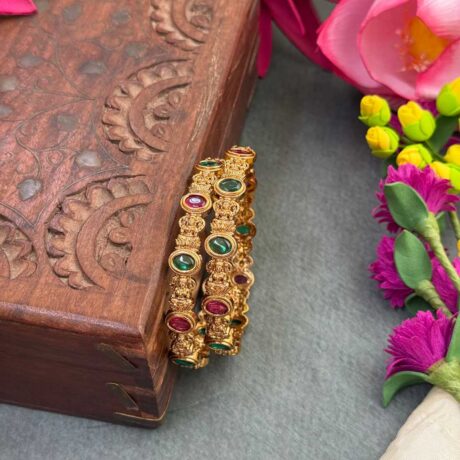 Premium AD Lakshmi design with Rose and Green Stone Bangle Set - PGB34