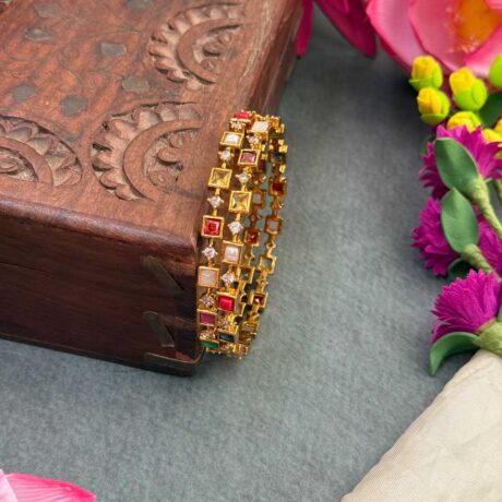 Premium AD Gold Square Cut Design with Multicolour Stone Bangle Set - PGB37