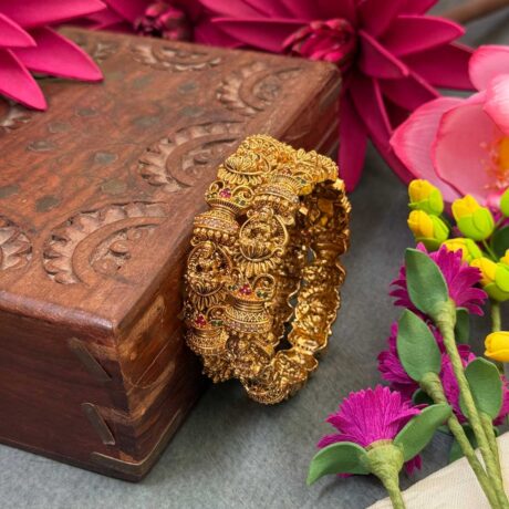 Premium AD Lakshmi Design with Red and Green Stone Bangle Set - PGB41