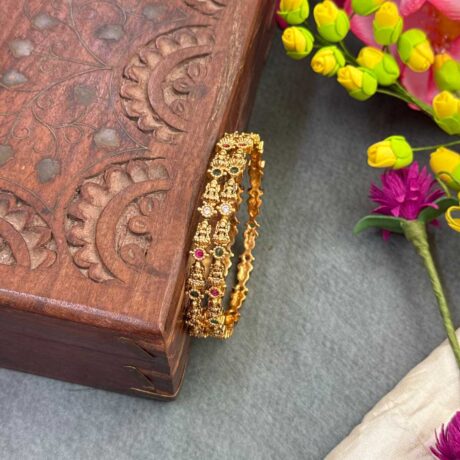 Premium AD Lakshmi Cut Design with Red and Green Stone Bangle Set - PGB42
