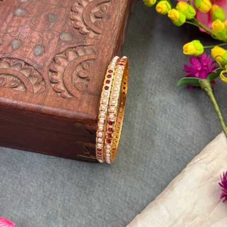 Premium AD Gold with White pearl and Red Stone Bangle Set - PGB43