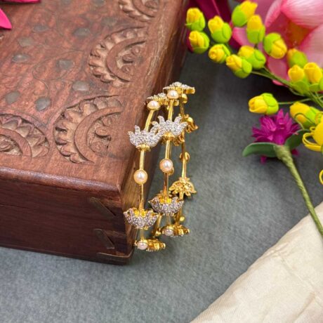 Premium AD Gold White Stone Lotus Bangle Set - PGB45