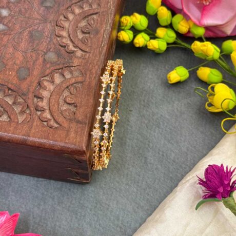 Premium AD Gold White Stone Flower design Bangle Set - PGB46