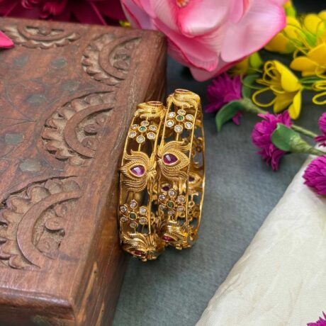 Premium AD Gold Lotus with White Stone Bangle Set - PGB28