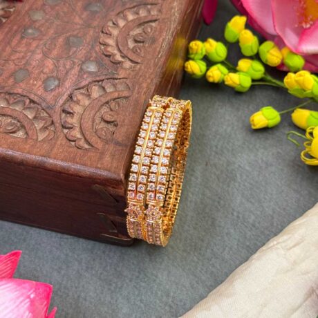 Premium AD Gold 2 layer White Stone Flower design Bangle Set - PGB47