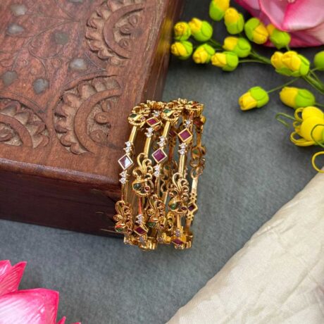 Premium AD Gold Peacock design with Diamond cut Red Stone Bangle Set - PGB48