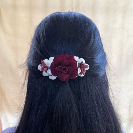 Hair Clip – Real Look like Jasmine With Maroon Rose Hair Clip – J379