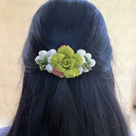 Hair Clip – Real Look like Jasmine With Olive Green Rose Hair Clip – J381