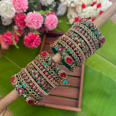 Bridal Silk thread Bangles Red with Green combo  - BC576