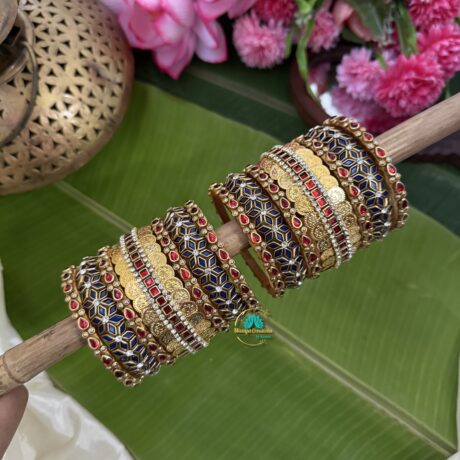 Lakshmi coin with Red Drop and Blue Square Kundan Silk Thread Bangle – BC578