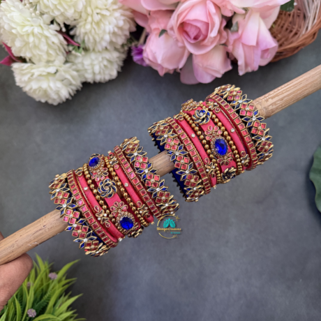 Baby pink with Blue Colour thread Kundan Bangles - BC581