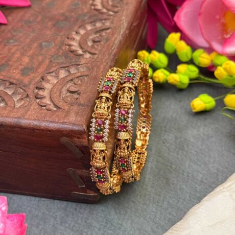 Premium AD Gold Lakshmi cut Design White, Green and Red Stone Bangle Set - PGB44