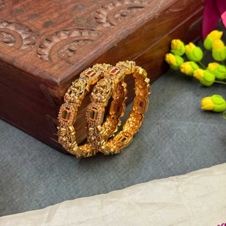 Premium AD Gold Lakshmi cut Design With Oval Stone Bangle Set - PGB53