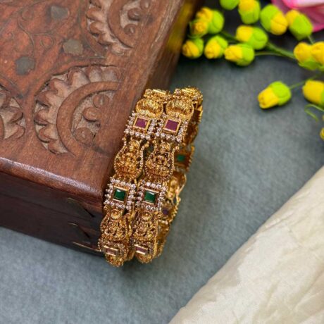 Premium AD Gold Lakshmi cut design with Square Stone Bangle Set - PGB50