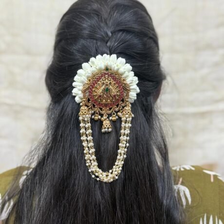 Two peacock Ruby Jada Billai with Semi bloomed Flower with pearl touch - J422