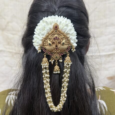 Two Peacock Jada Billai with Mullai Flower with pearl touch - J419