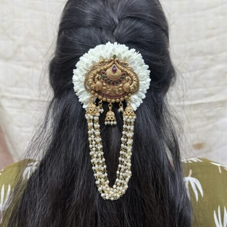 Two Peacock Jada Billai with Mullai Flower with pearl touch - J420